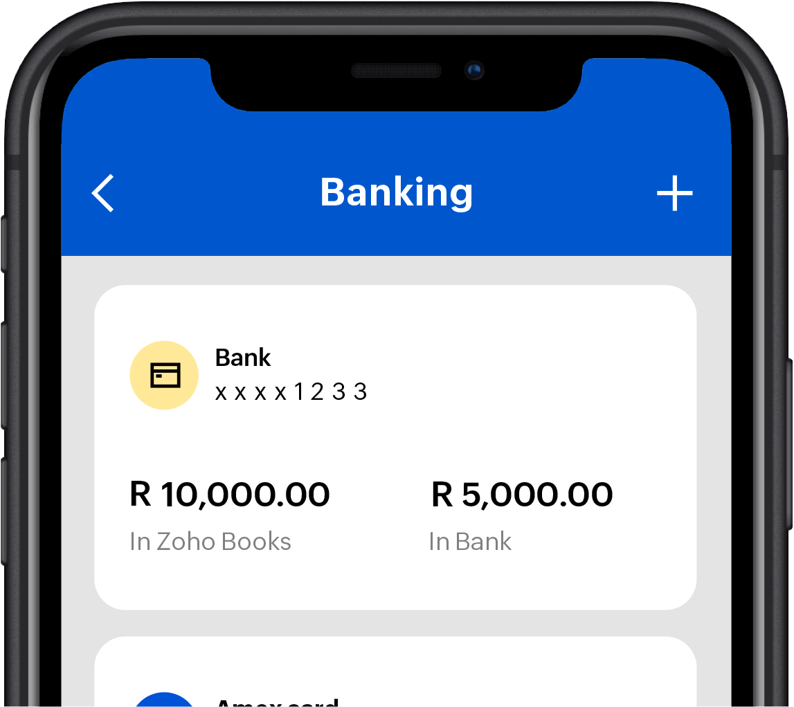 Zoho Books mobile app interface shows the banking module